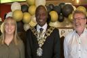 The Mayor of Wisbech, Cllr Sidney Imafidon, with Light Cinema Wisbech CEO James Morris and business manager Bethany Brightey